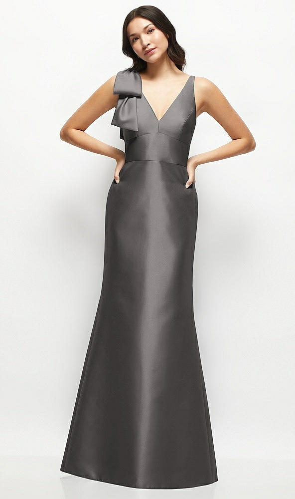 Front View - Caviar Gray Deep V-back Satin Trumpet Dress with Cascading Bow at One Shoulder