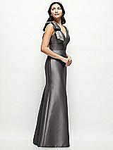 Side View Thumbnail - Caviar Gray Deep V-back Satin Trumpet Dress with Cascading Bow at One Shoulder