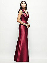 Side View Thumbnail - Burgundy Deep V-back Satin Trumpet Dress with Cascading Bow at One Shoulder