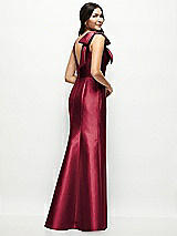Rear View Thumbnail - Burgundy Deep V-back Satin Trumpet Dress with Cascading Bow at One Shoulder