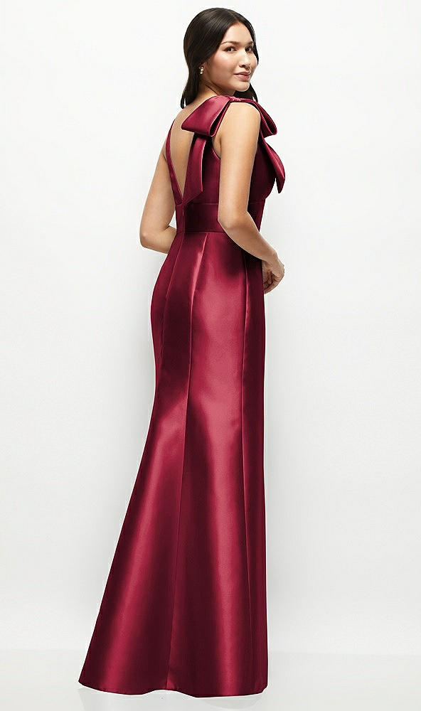 Back View - Burgundy Deep V-back Satin Trumpet Dress with Cascading Bow at One Shoulder