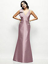 Front View Thumbnail - Dusty Rose Deep V-back Satin Trumpet Dress with Cascading Bow at One Shoulder