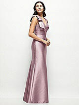 Side View Thumbnail - Dusty Rose Deep V-back Satin Trumpet Dress with Cascading Bow at One Shoulder