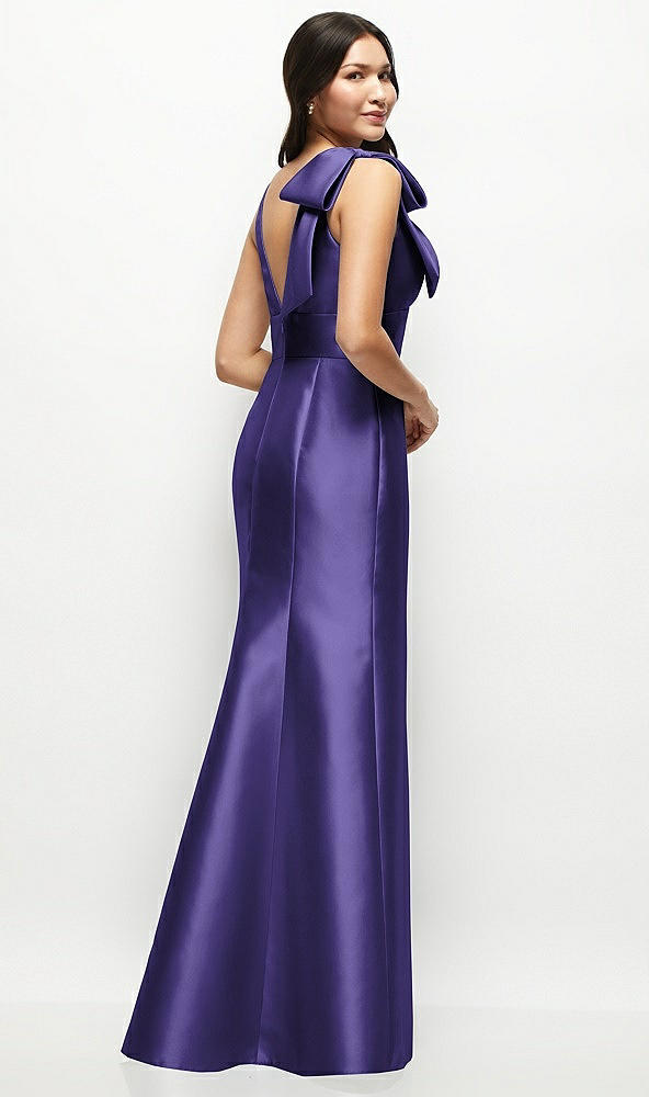 Back View - Grape Deep V-back Satin Trumpet Dress with Cascading Bow at One Shoulder