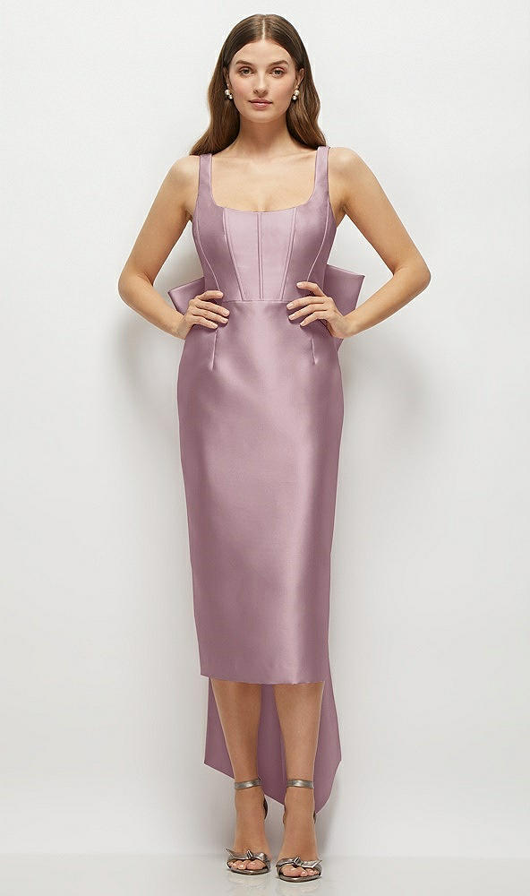 Front View - Dusty Rose Scoop Neck Corset Satin Midi Dress with Floor-Length Bow Tails