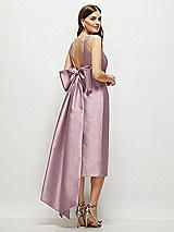 Rear View Thumbnail - Dusty Rose Scoop Neck Corset Satin Midi Dress with Floor-Length Bow Tails