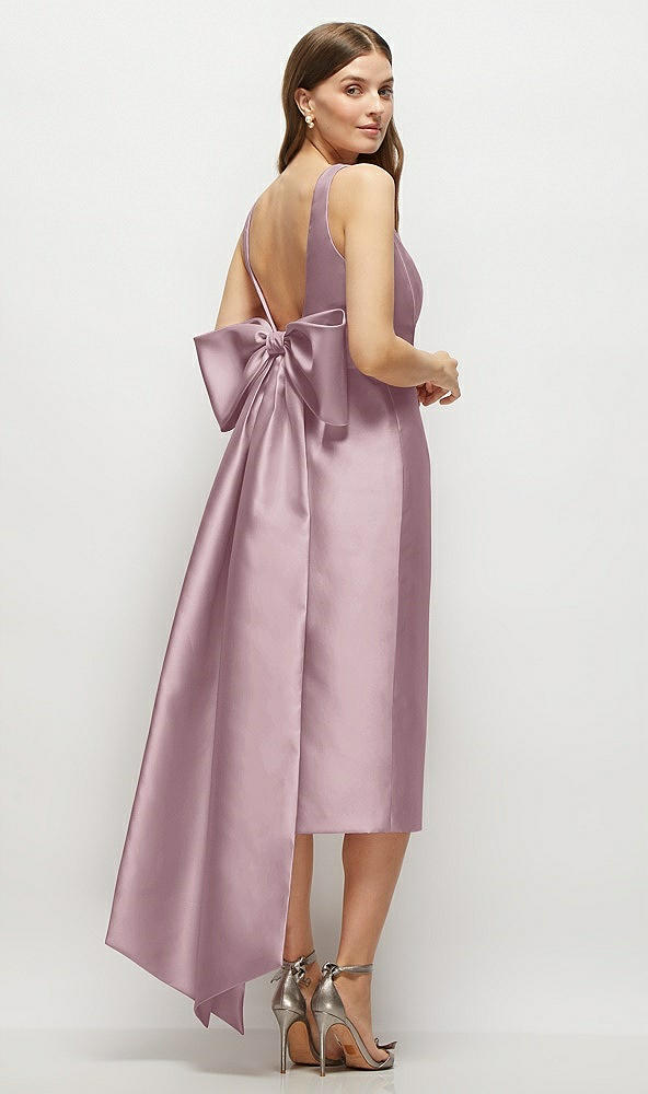 Back View - Dusty Rose Scoop Neck Corset Satin Midi Dress with Floor-Length Bow Tails
