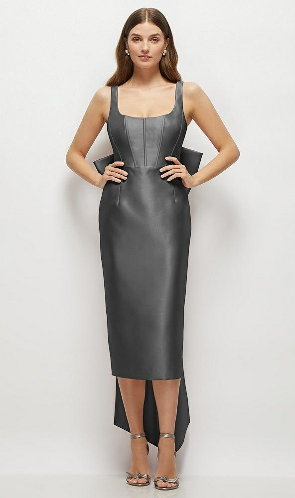 Front View - Gunmetal Scoop Neck Corset Satin Midi Dress with Floor-Length Bow Tails