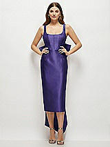 Front View Thumbnail - Grape Scoop Neck Corset Satin Midi Dress with Floor-Length Bow Tails