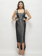 Front View Thumbnail - Pewter Scoop Neck Corset Satin Midi Dress with Floor-Length Bow Tails