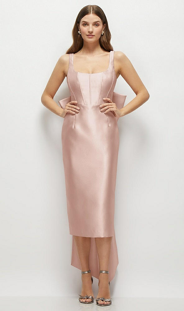 Front View - Toasted Sugar Scoop Neck Corset Satin Midi Dress with Floor-Length Bow Tails