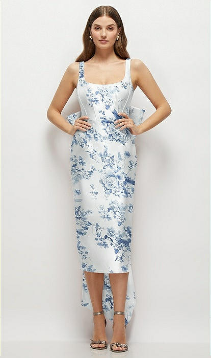 Floral Scoop Neck Corset Satin Midi Bridesmaid Dress With