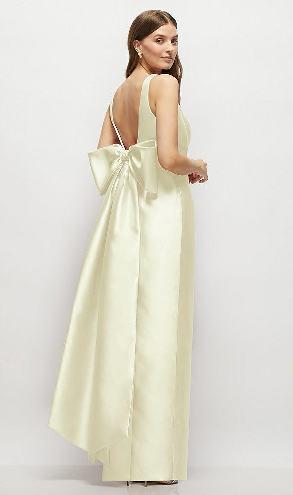 Front View - Butter Yellow Scoop Neck Corset Satin Maxi Dress with Floor-Length Bow Tails