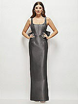 Rear View Thumbnail - Caviar Gray Scoop Neck Corset Satin Maxi Dress with Floor-Length Bow Tails