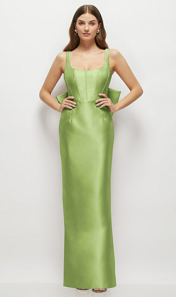 Back View - Mojito Scoop Neck Corset Satin Maxi Dress with Floor-Length Bow Tails