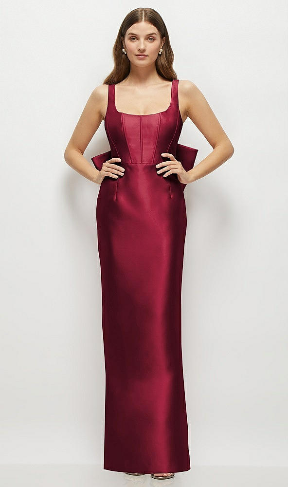 Back View - Burgundy Scoop Neck Corset Satin Maxi Dress with Floor-Length Bow Tails