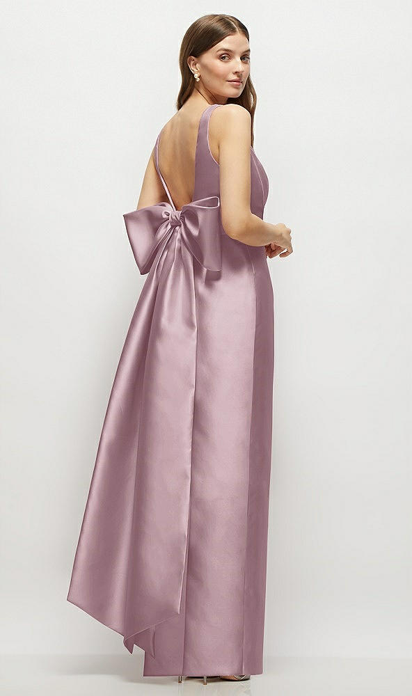 Front View - Dusty Rose Scoop Neck Corset Satin Maxi Dress with Floor-Length Bow Tails