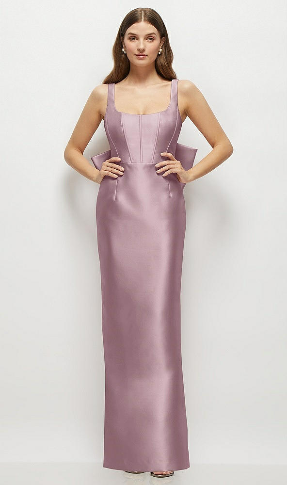 Back View - Dusty Rose Scoop Neck Corset Satin Maxi Dress with Floor-Length Bow Tails