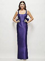 Rear View Thumbnail - Grape Scoop Neck Corset Satin Maxi Dress with Floor-Length Bow Tails