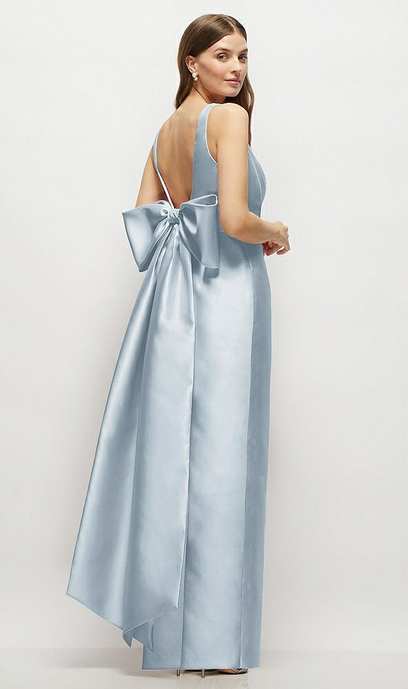Front View - Mist Scoop Neck Corset Satin Maxi Dress with Floor-Length Bow Tails