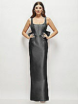 Rear View Thumbnail - Pewter Scoop Neck Corset Satin Maxi Dress with Floor-Length Bow Tails