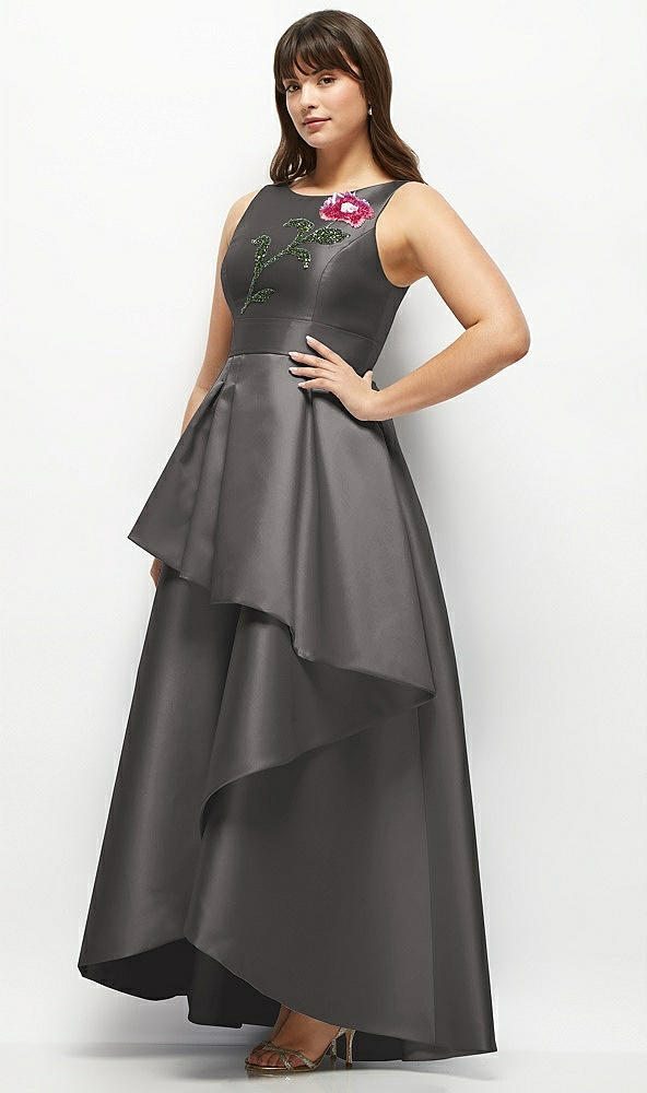 Front View - Caviar Gray Beaded Floral Bodice Satin Maxi Dress with Layered Ballgown Skirt