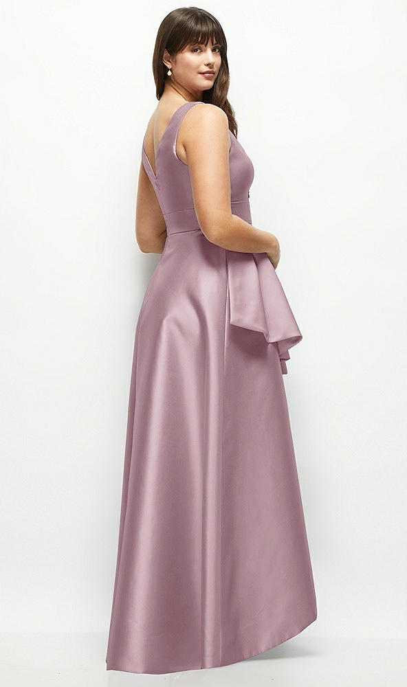 Back View - Dusty Rose Beaded Floral Bodice Satin Maxi Dress with Layered Ballgown Skirt