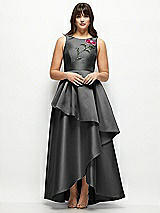 Side View Thumbnail - Pewter Beaded Floral Bodice Satin Maxi Dress with Layered Ballgown Skirt