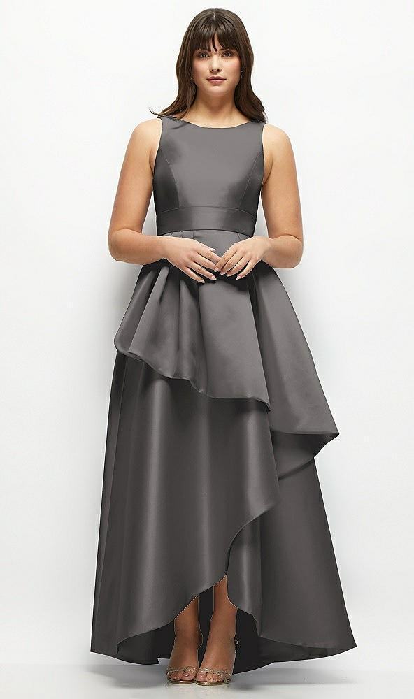 Front View - Caviar Gray Satin Maxi Dress with Asymmetrical Layered Ballgown Skirt