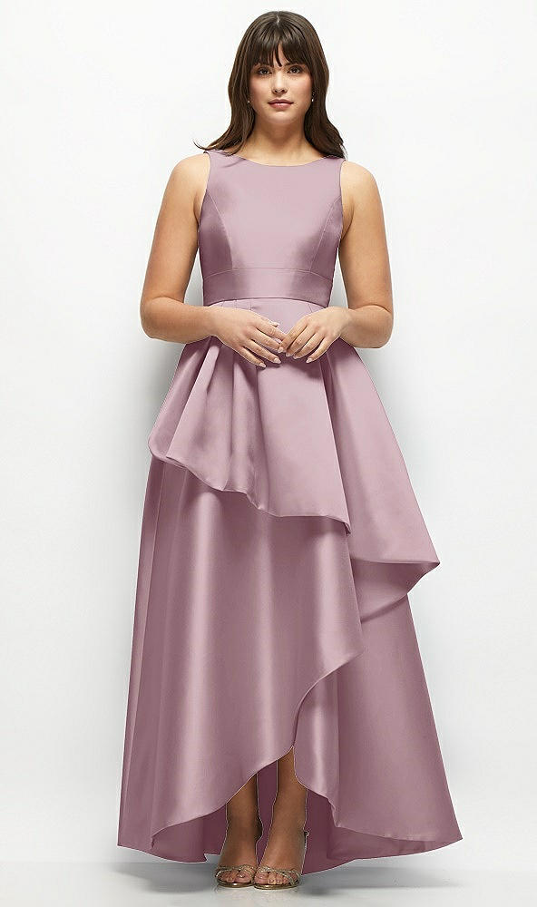 Front View - Dusty Rose Satin Maxi Dress with Asymmetrical Layered Ballgown Skirt