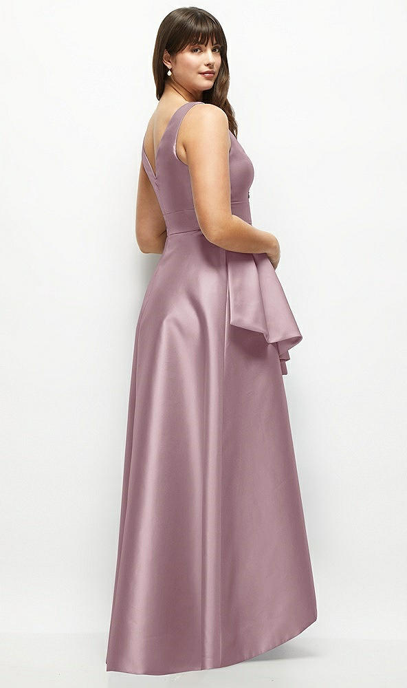 Back View - Dusty Rose Satin Maxi Dress with Asymmetrical Layered Ballgown Skirt