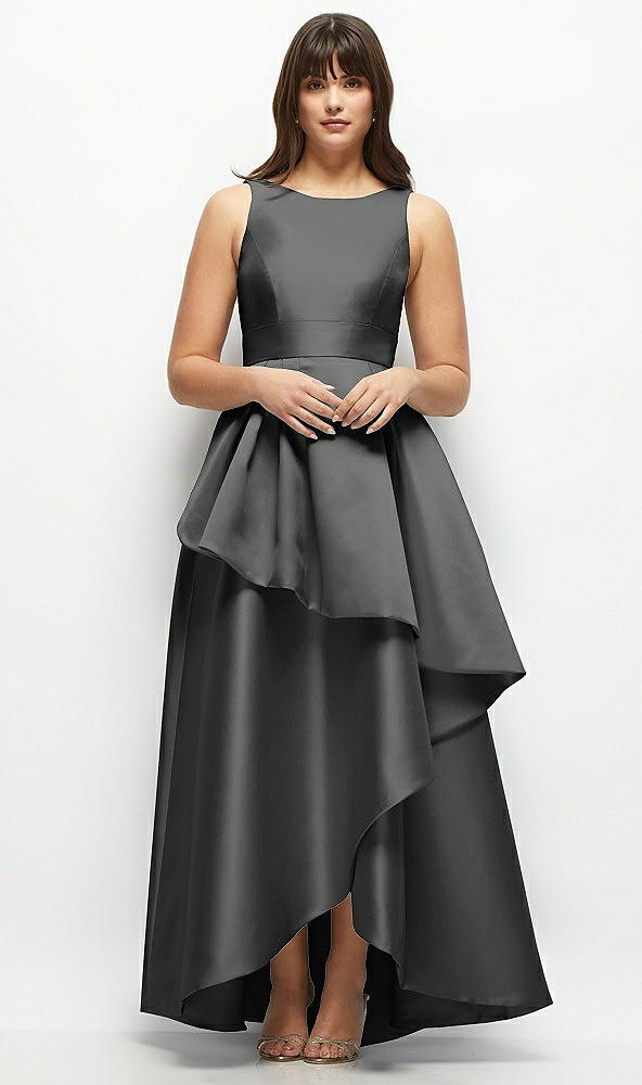 Front View - Pewter Satin Maxi Dress with Asymmetrical Layered Ballgown Skirt