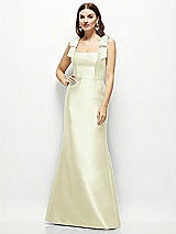 Front View Thumbnail - Butter Yellow Satin Fit and Flare Maxi Dress with Shoulder Bows