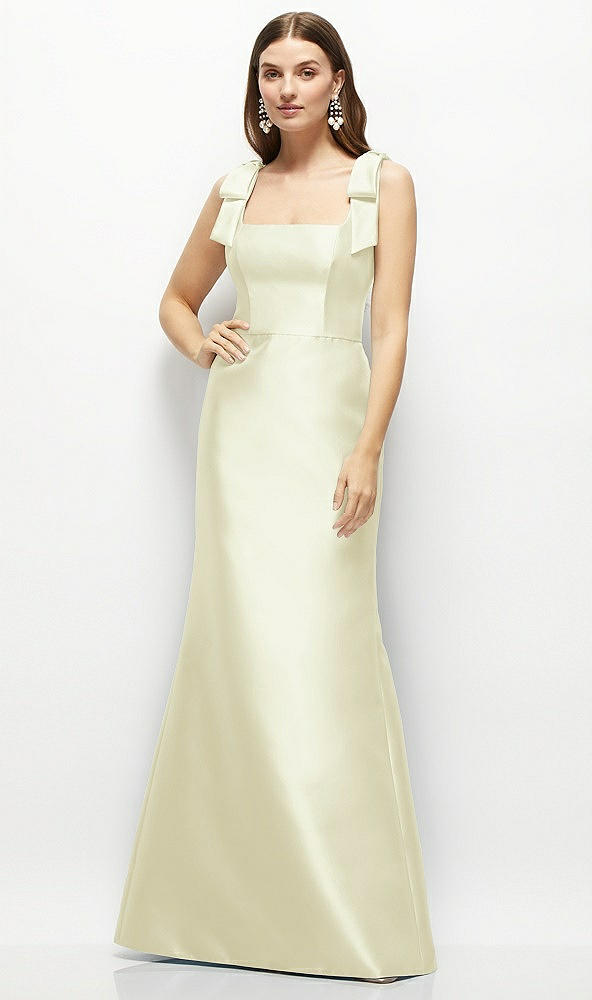 Front View - Butter Yellow Satin Fit and Flare Maxi Dress with Shoulder Bows