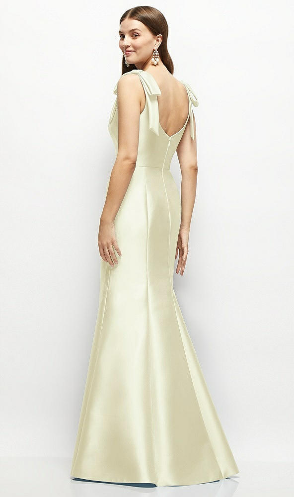 Back View - Butter Yellow Satin Fit and Flare Maxi Dress with Shoulder Bows