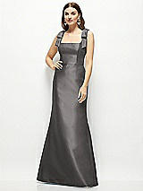 Front View Thumbnail - Caviar Gray Satin Fit and Flare Maxi Dress with Shoulder Bows