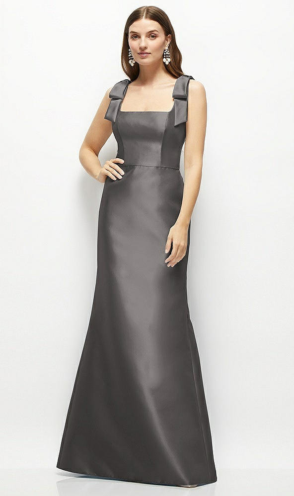 Front View - Caviar Gray Satin Fit and Flare Maxi Dress with Shoulder Bows