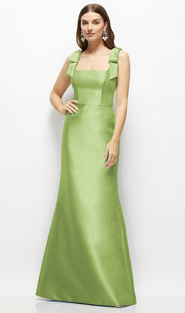 Front View - Mojito Satin Fit and Flare Maxi Dress with Shoulder Bows