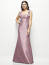 Front View Thumbnail - Dusty Rose Satin Fit and Flare Maxi Dress with Shoulder Bows