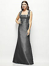 Front View Thumbnail - Gunmetal Satin Fit and Flare Maxi Dress with Shoulder Bows