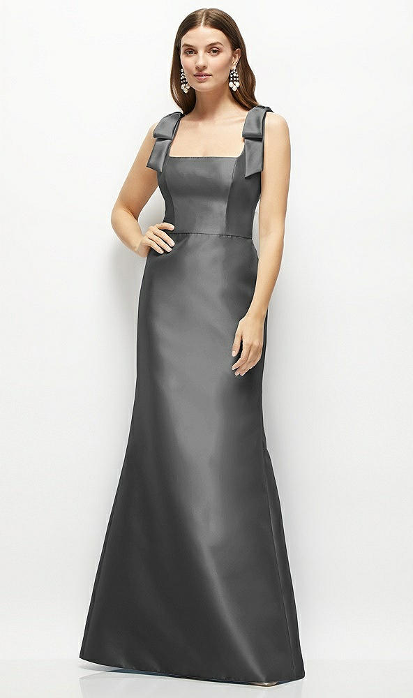 Front View - Gunmetal Satin Fit and Flare Maxi Dress with Shoulder Bows