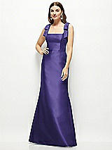 Front View Thumbnail - Grape Satin Fit and Flare Maxi Dress with Shoulder Bows