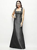 Front View Thumbnail - Pewter Satin Fit and Flare Maxi Dress with Shoulder Bows