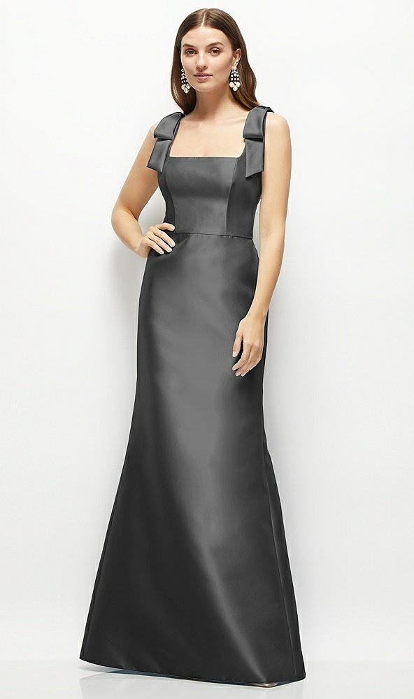 Front View - Pewter Satin Fit and Flare Maxi Dress with Shoulder Bows