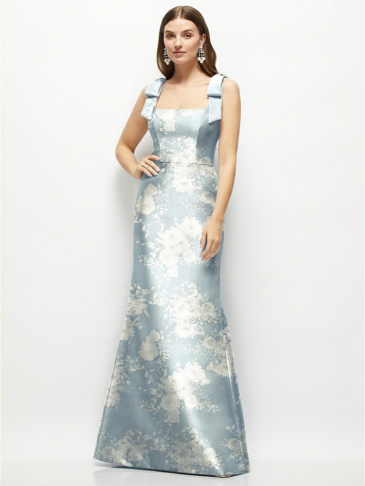 Floral Satin Square Neck Fit And Flare Maxi Bridesmaid Dress
