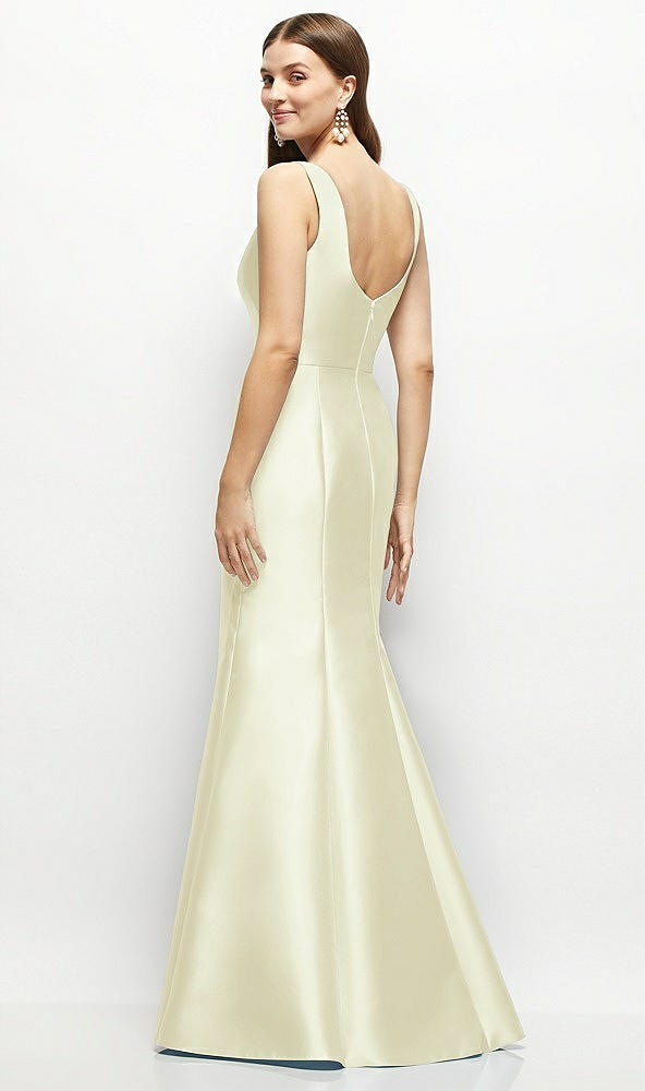 Back View - Butter Yellow Satin Square Neck Fit and Flare Maxi Dress