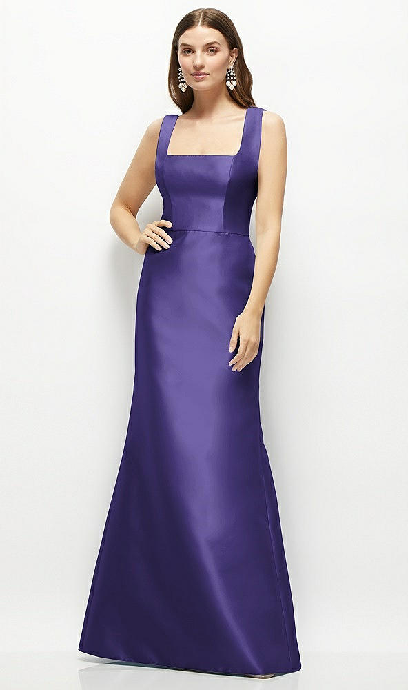 Front View - Grape Satin Square Neck Fit and Flare Maxi Dress