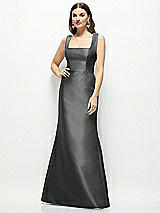 Front View Thumbnail - Pewter Satin Square Neck Fit and Flare Maxi Dress