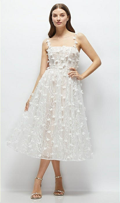 3d Floral Embroidered Little White Midi Bridesmaid Dress With Nude Corset  Underlay In Ivory | The Dessy Group