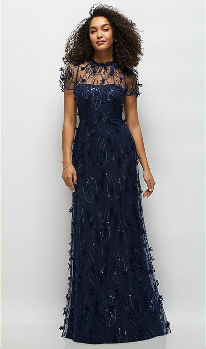 Delicate Floral Embroidery Puff Sleeves Maxi Dress